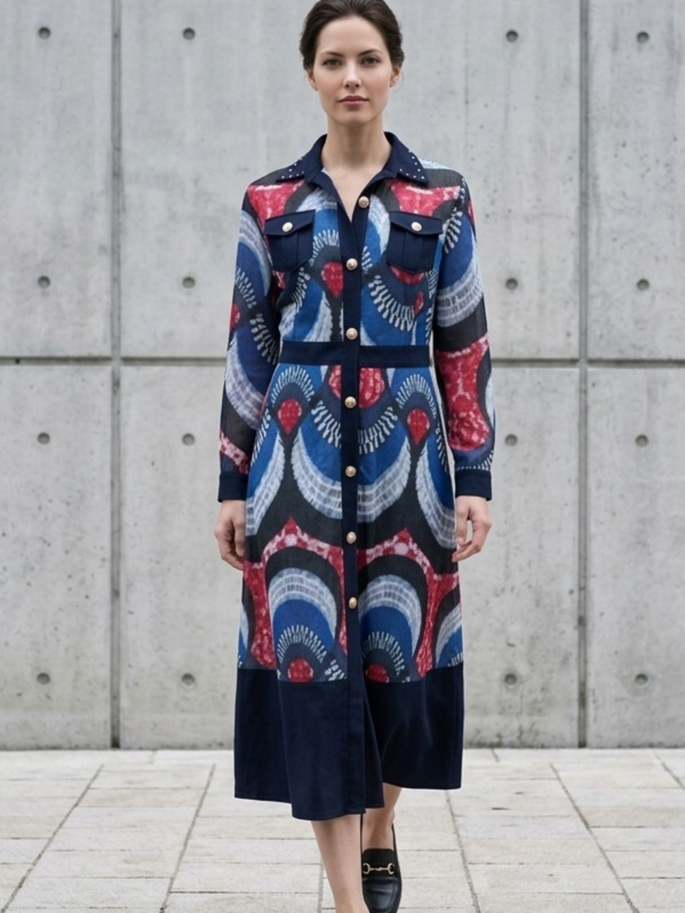 Printed Button-Front Midi Dress in Blue and Red With Denim Trim